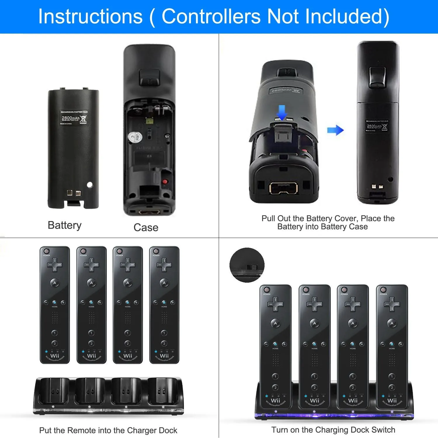 4 Remotes Charging Dock Game Controller Charger 2800mAh Rechargeable Battery Charging Stations