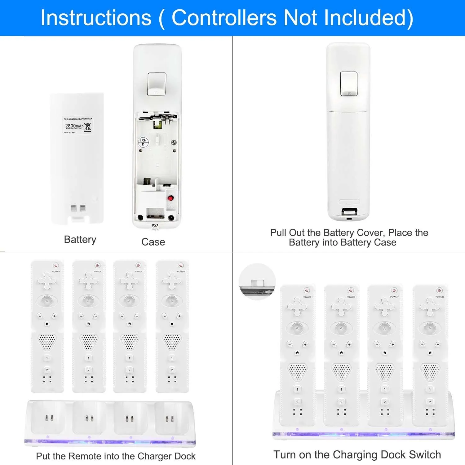 4 Remotes Charging Dock Game Controller Charger 2800mAh Rechargeable Battery Charging Stations