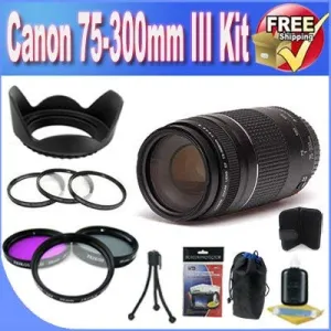 Canon EF 75-300mm f/4-5.6 III Telephoto Zoom Lens for Canon SLR Cameras   3 Piece Professional Filter Kit   Lens Hood   3 Piece Macro Lens Kit   Lens Pouch   Lens Hood   Accessory Saver Bundle