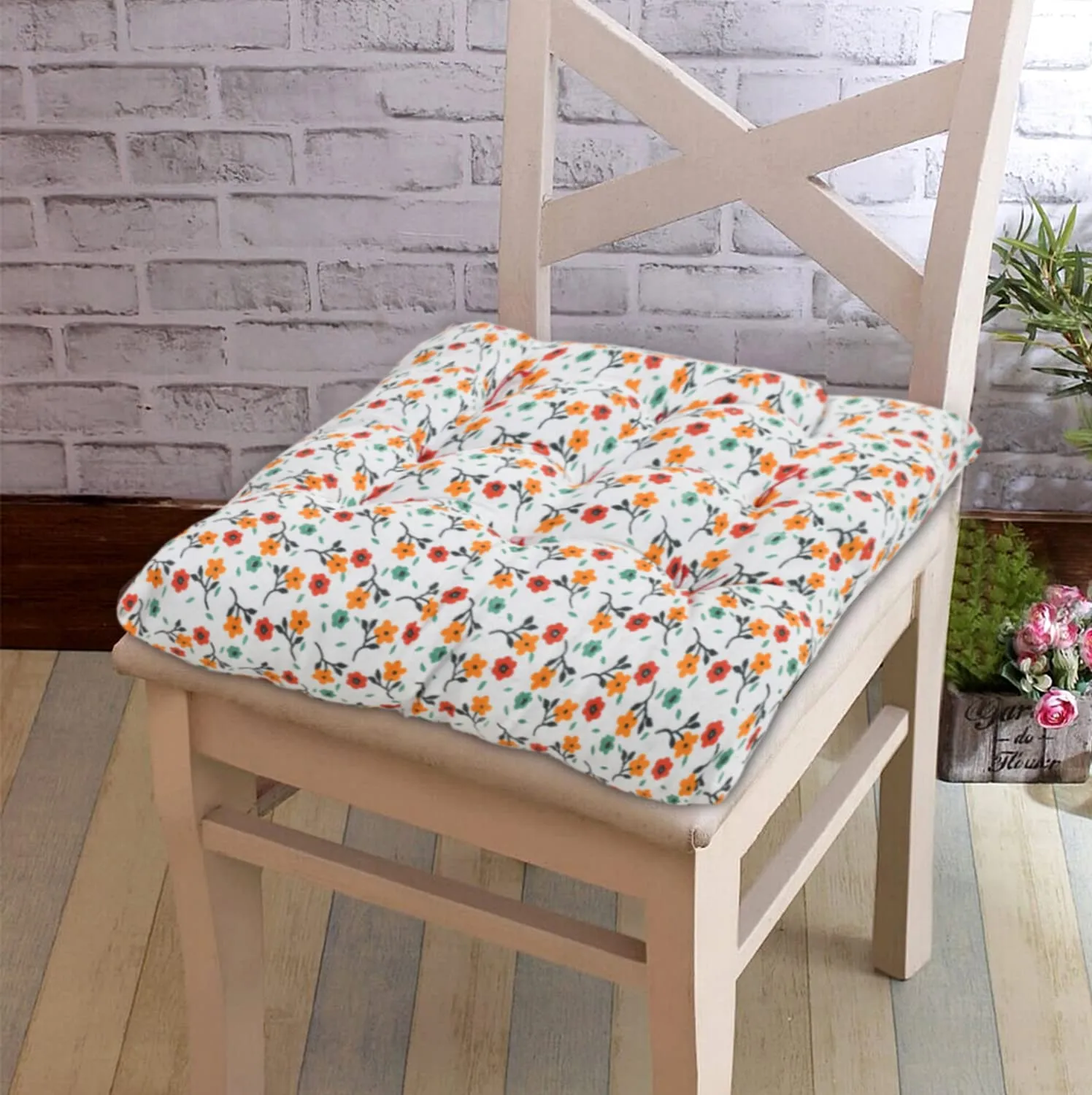Heart Home Flower Printed Microfiber Durable, Comfortable & Soft Square Chair Pad/Cushion/Seat Pad with Ties, 18 * 18 Inch- Pack of 3 (White)