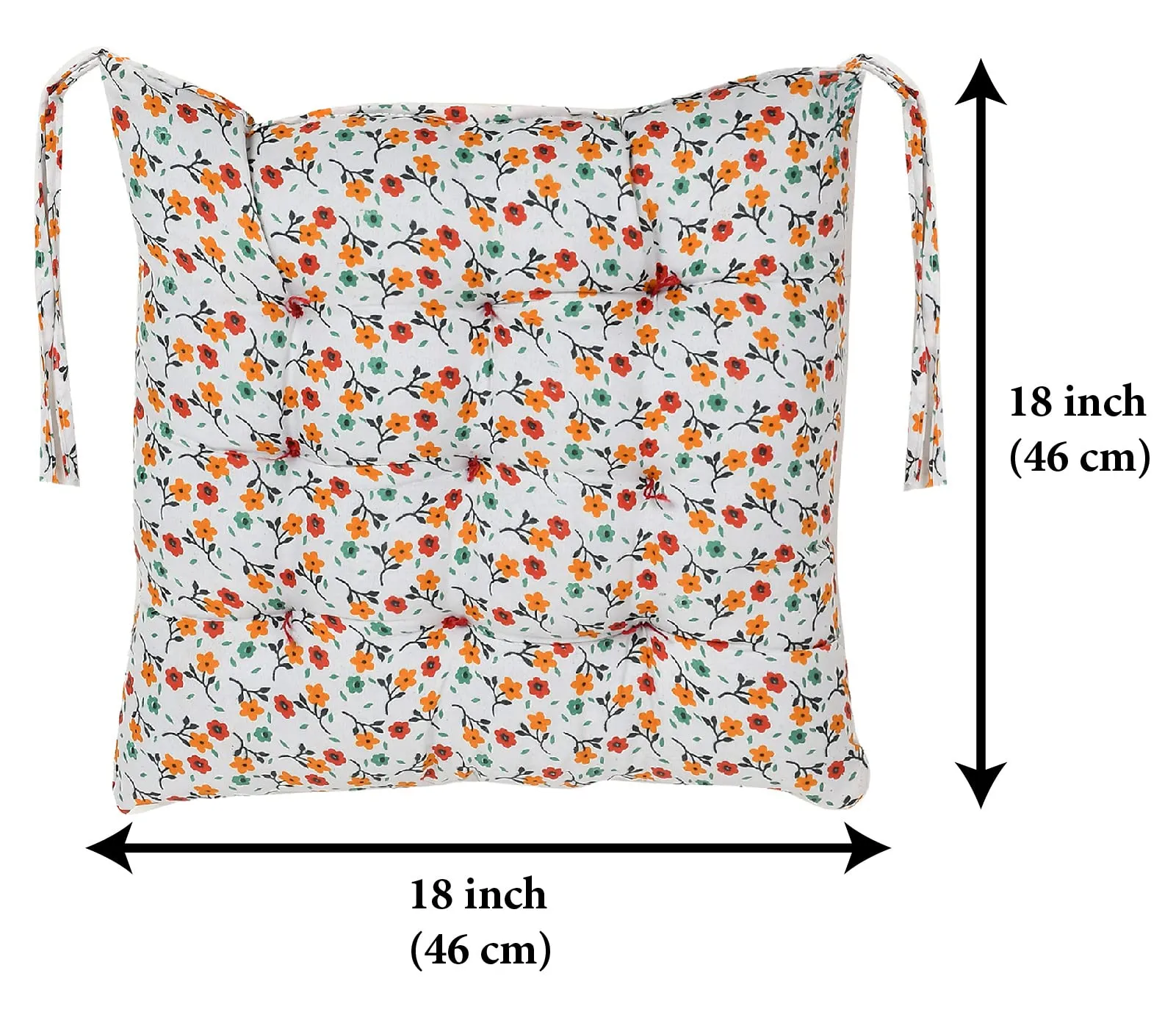 Heart Home Flower Printed Microfiber Durable, Comfortable & Soft Square Chair Pad/Cushion/Seat Pad with Ties, 18 * 18 Inch- Pack of 3 (White)
