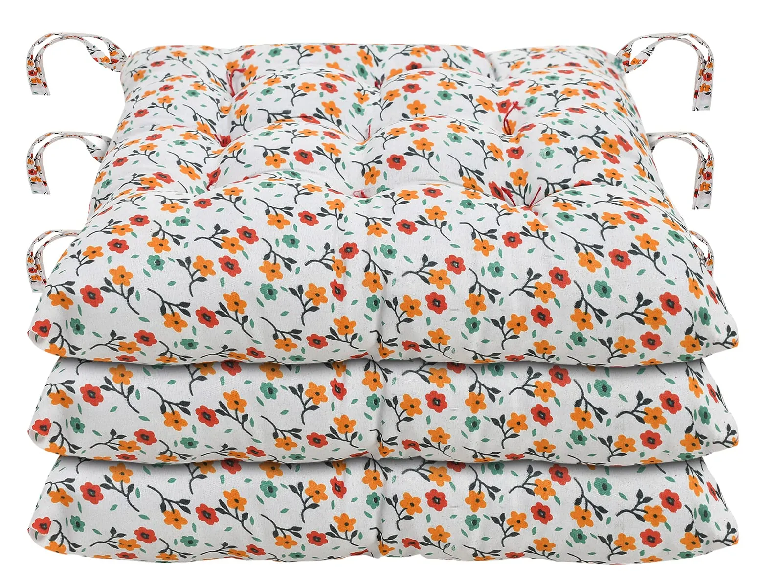 Heart Home Flower Printed Microfiber Durable, Comfortable & Soft Square Chair Pad/Cushion/Seat Pad with Ties, 18 * 18 Inch- Pack of 3 (White)