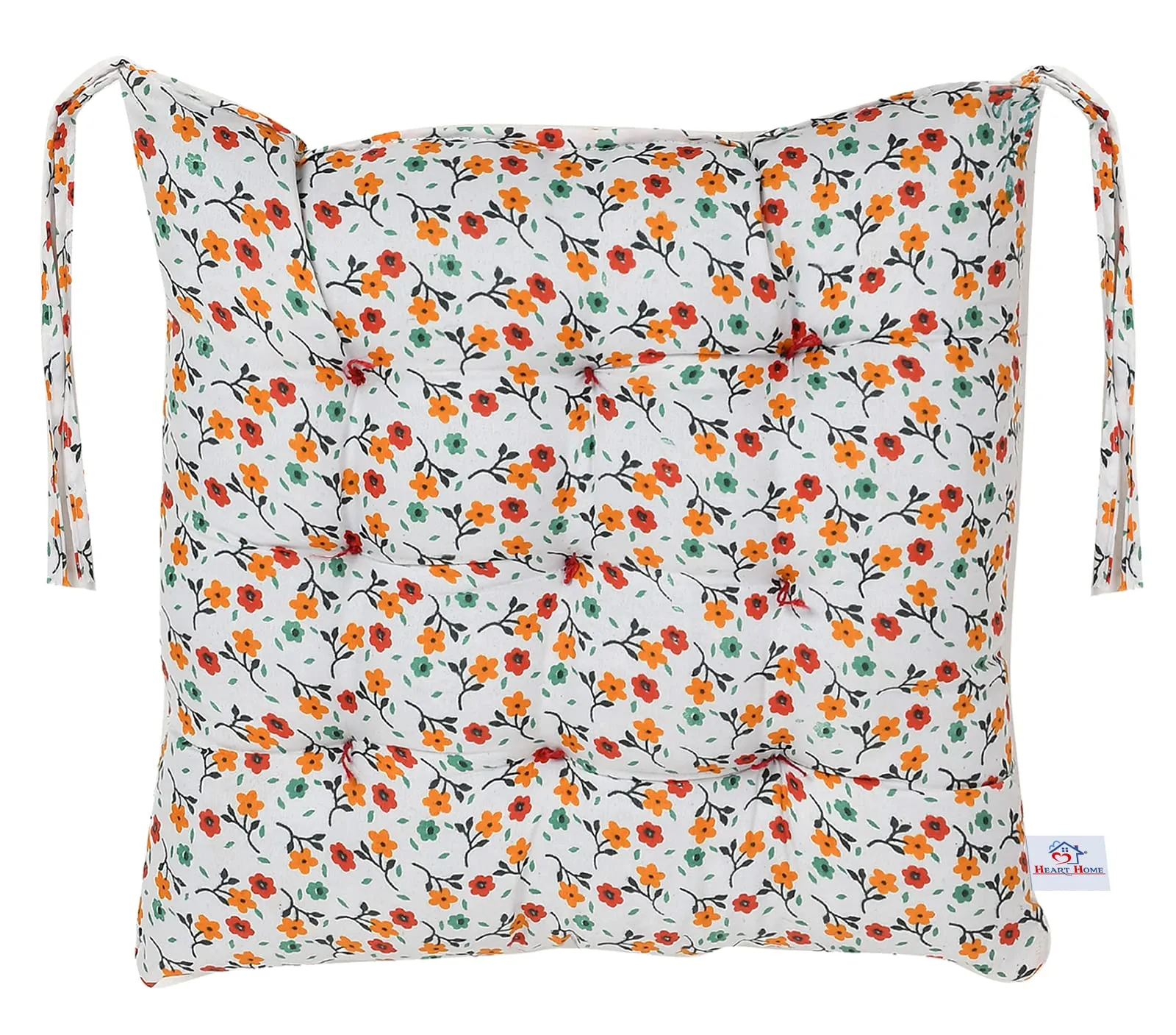 Heart Home Flower Printed Microfiber Durable, Comfortable & Soft Square Chair Pad/Cushion/Seat Pad with Ties, 18 * 18 Inch- Pack of 3 (White)