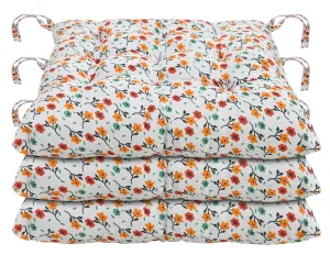 Heart Home Flower Printed Microfiber Durable, Comfortable & Soft Square Chair Pad/Cushion/Seat Pad with Ties, 18 * 18 Inch- Pack of 3 (White)