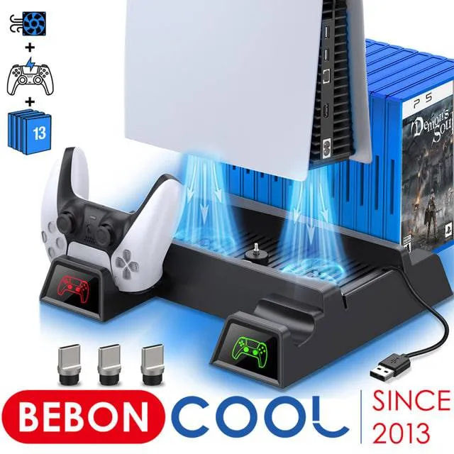 PS5 Vertical Cooling Fan Stand with Dual Controller Charger and LED Charging Station