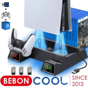 PS5 Vertical Cooling Fan Stand with Dual Controller Charger and LED Charging Station