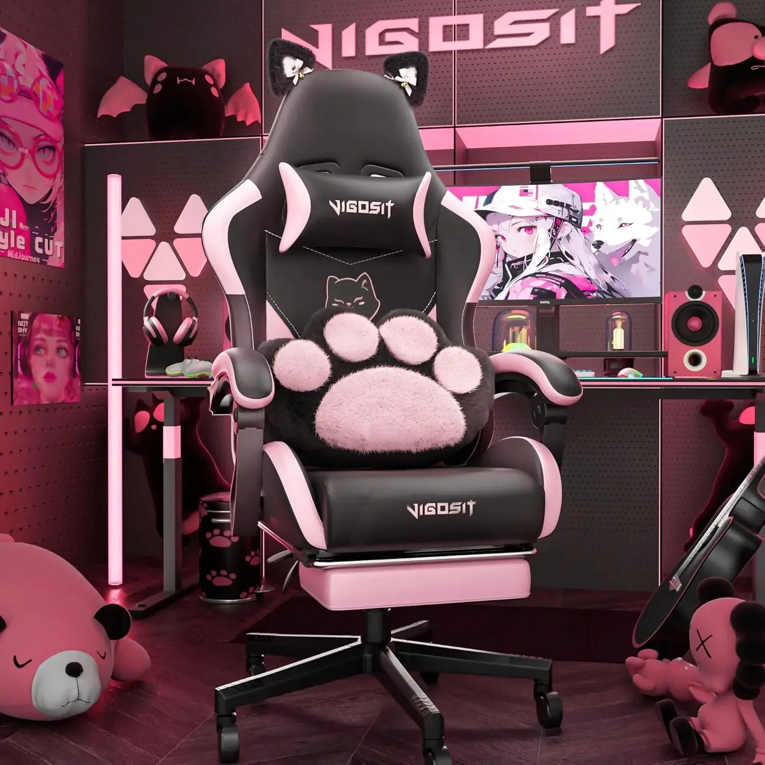 “Purrfect Gamer’s Throne” Gaming Chair with Cat Paw Lumbar Cushion & Ears