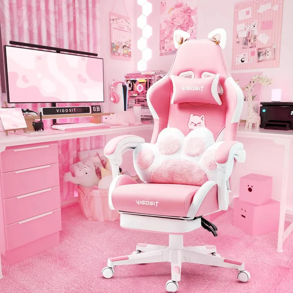 “Purrfect Gamer’s Throne” Gaming Chair with Cat Paw Lumbar Cushion & Ears
