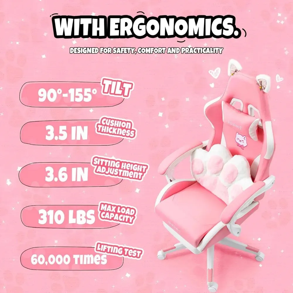 “Purrfect Gamer’s Throne” Gaming Chair with Cat Paw Lumbar Cushion & Ears