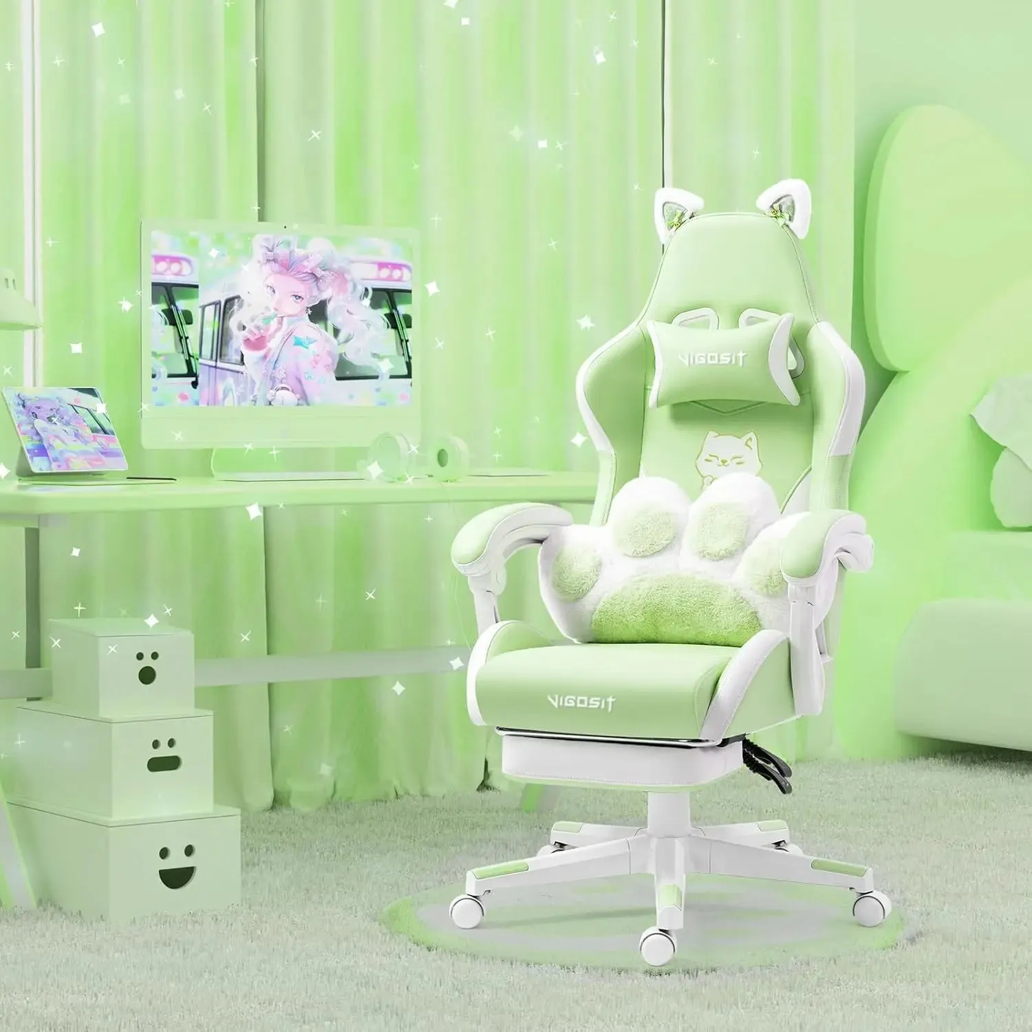 “Purrfect Gamer’s Throne” Gaming Chair with Cat Paw Lumbar Cushion & Ears