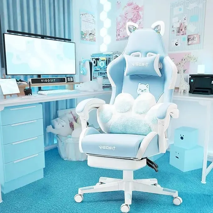 “Purrfect Gamer’s Throne” Gaming Chair with Cat Paw Lumbar Cushion & Ears