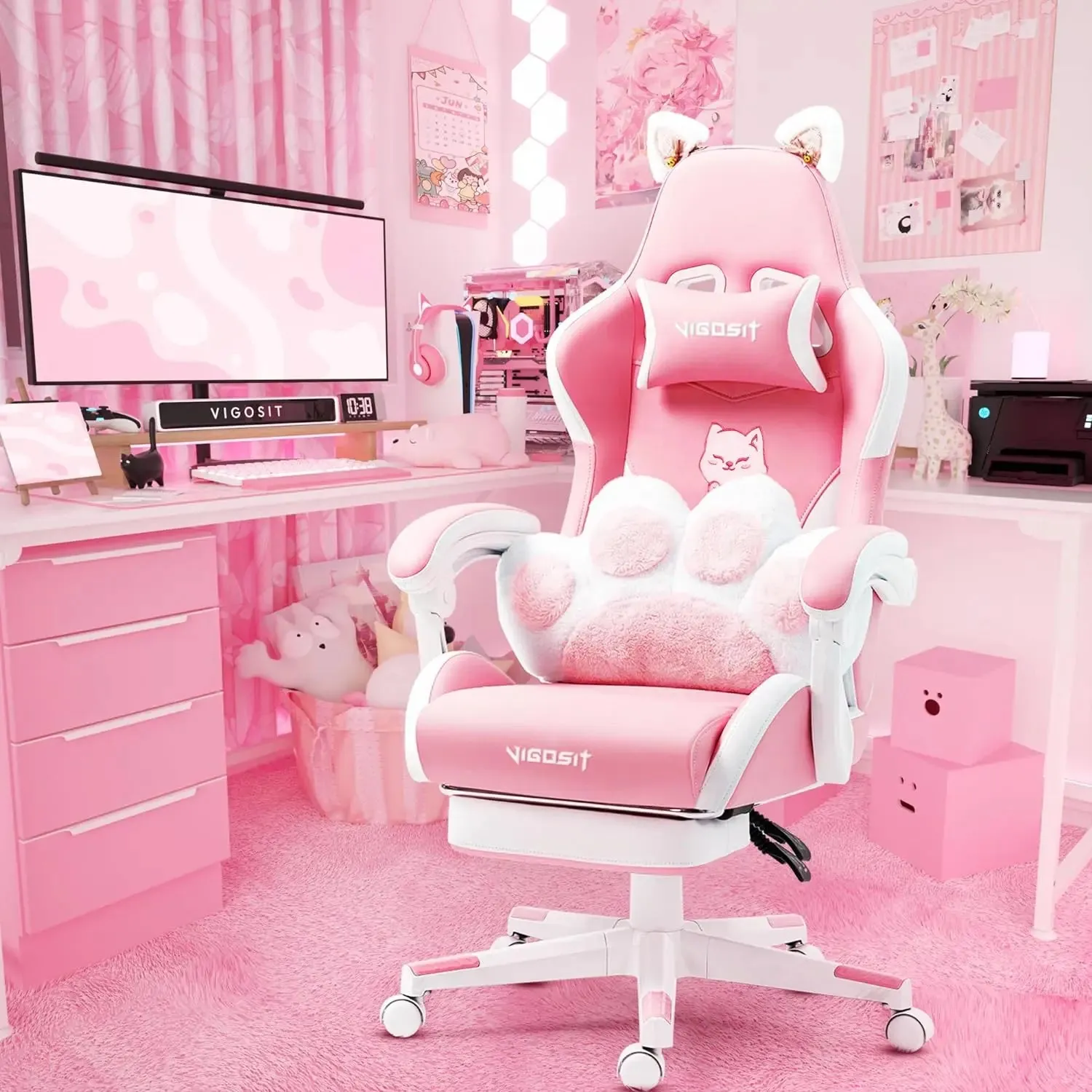 “Purrfect Gamer’s Throne” Gaming Chair with Cat Paw Lumbar Cushion & Ears