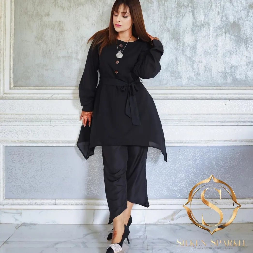 "Elegant Black 2-Piece Suit – Stylish Tunic & Trouser Set for Every Occasion"
