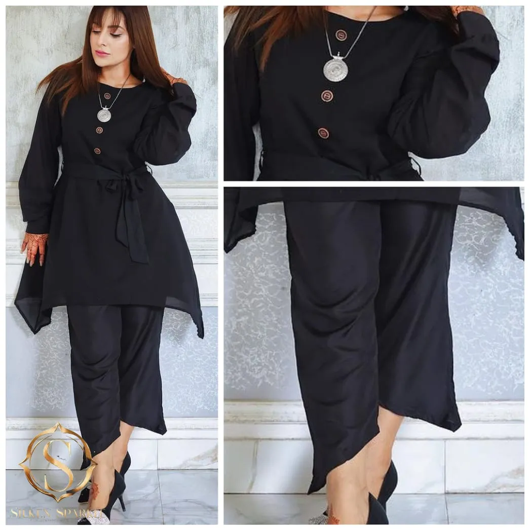 "Elegant Black 2-Piece Suit – Stylish Tunic & Trouser Set for Every Occasion"