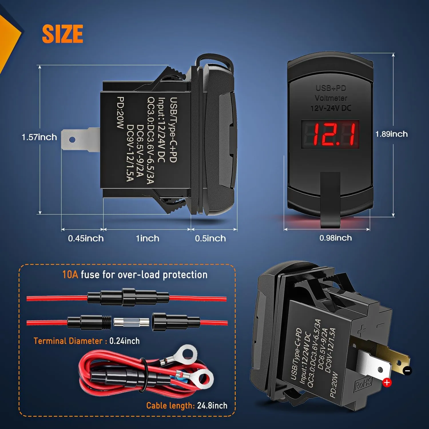 Red Rocker Switch Style Charger PD Type C QC 3.0 USB