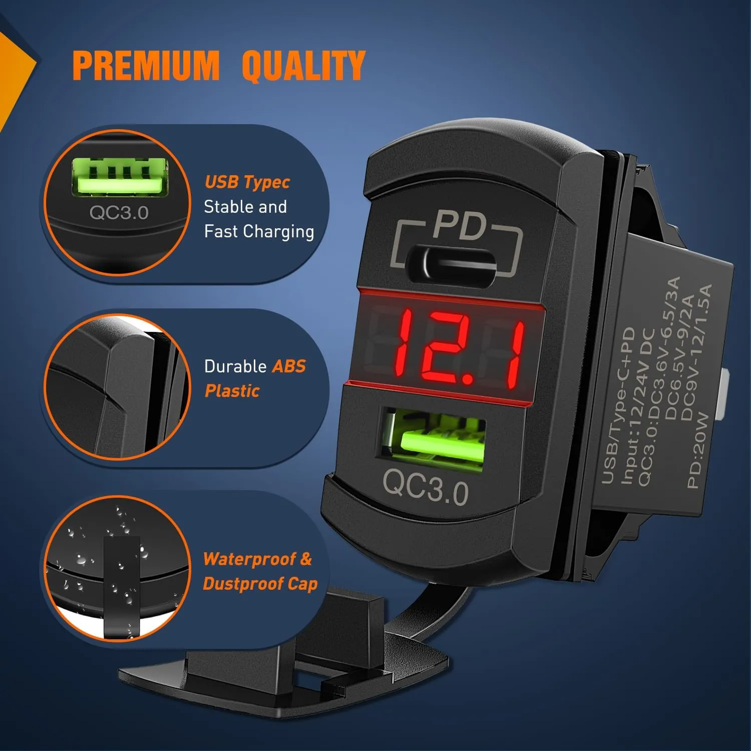 Red Rocker Switch Style Charger PD Type C QC 3.0 USB