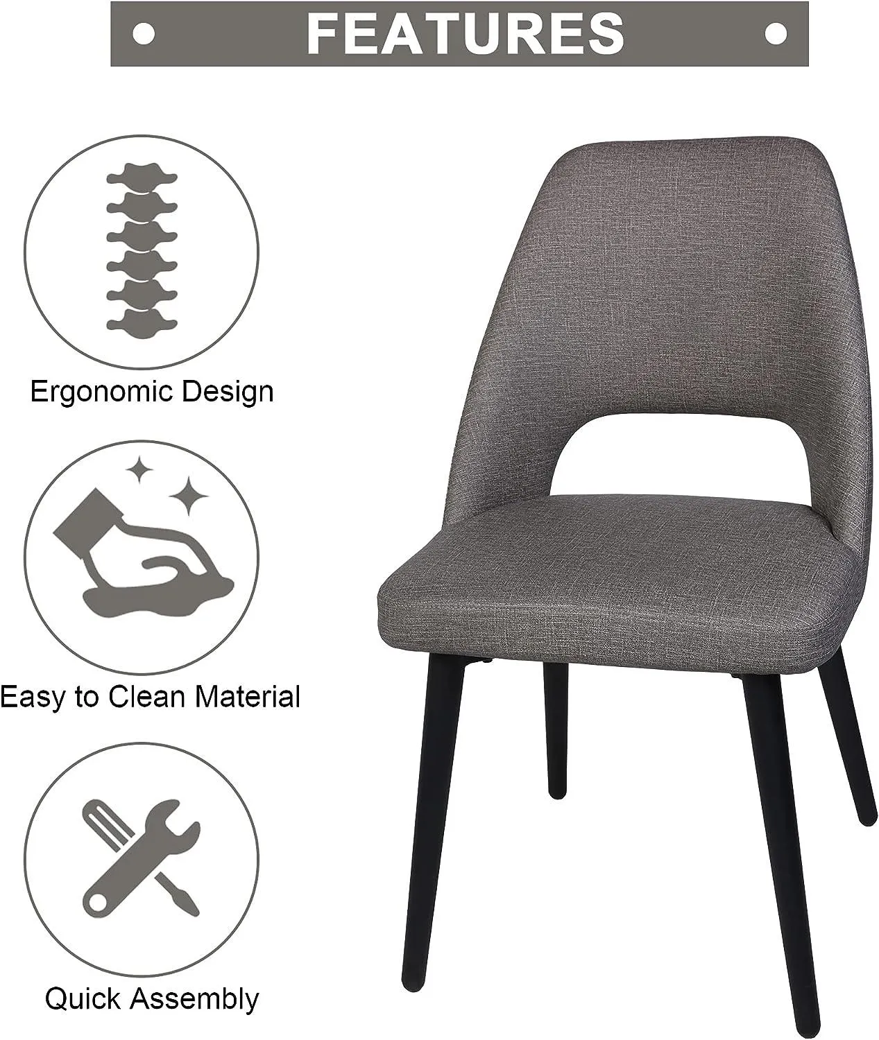 Set of 2 Modern Dining Room Chairs Upholstered Side Chairs with Soft PU Leather Seat Backrest, Gray