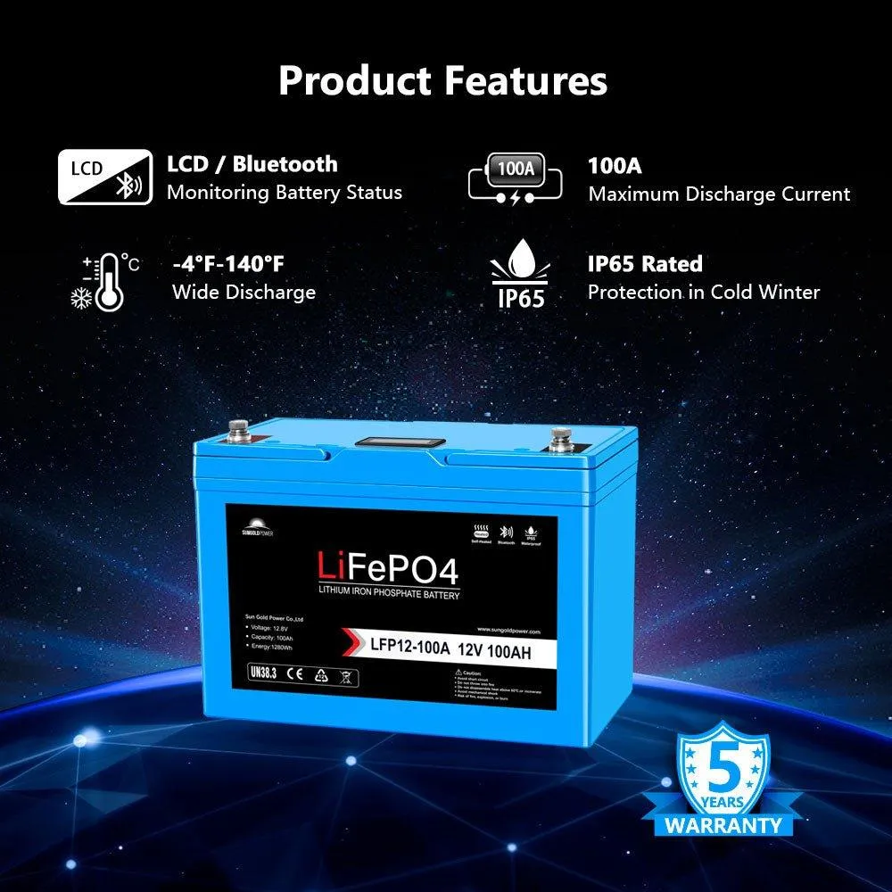 Sungold Power 2 X 12V 100AH LiFePO4 Deep Cycle Lithium Battery / Bluetooth /Self-Heating