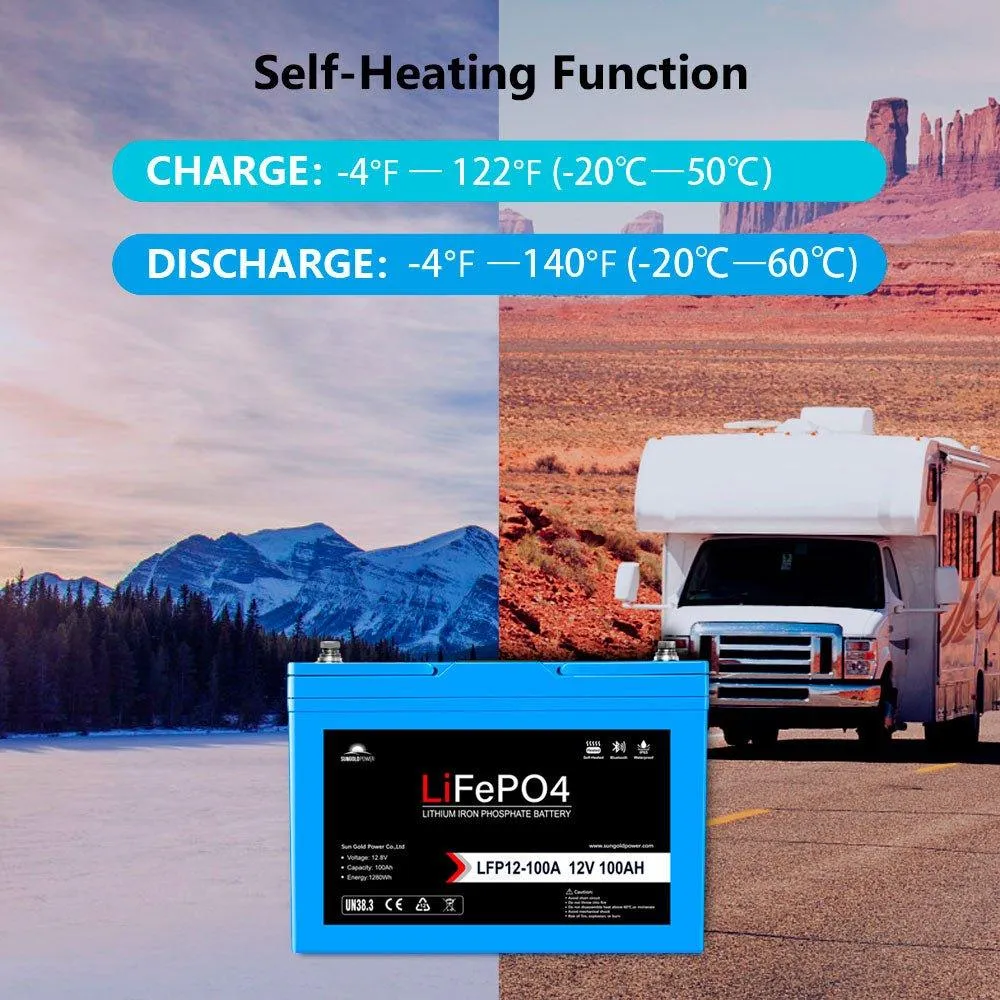 Sungold Power 2 X 12V 100AH LiFePO4 Deep Cycle Lithium Battery / Bluetooth /Self-Heating