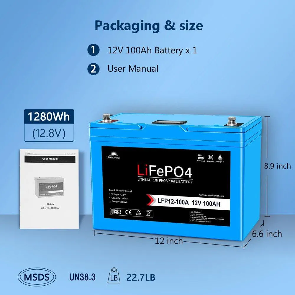 Sungold Power 2 X 12V 100AH LiFePO4 Deep Cycle Lithium Battery / Bluetooth /Self-Heating