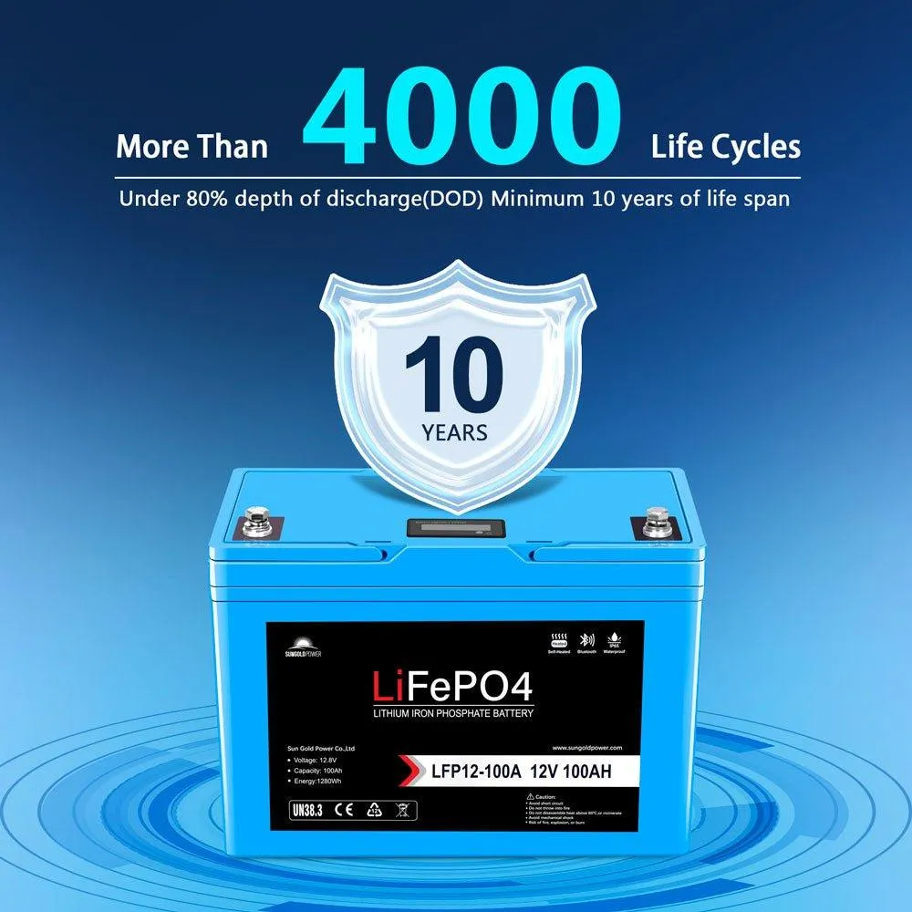 Sungold Power 2 X 12V 100AH LiFePO4 Deep Cycle Lithium Battery / Bluetooth /Self-Heating