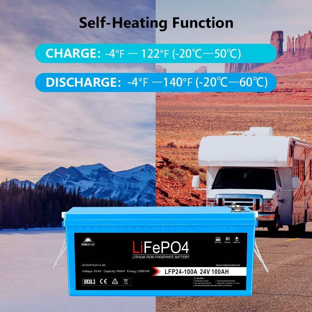 Sungold Power 2 X 24V 100Ah LiFePo4 Deep Cycle Lithium Battery Bluetooth / Self-Heating / IP65