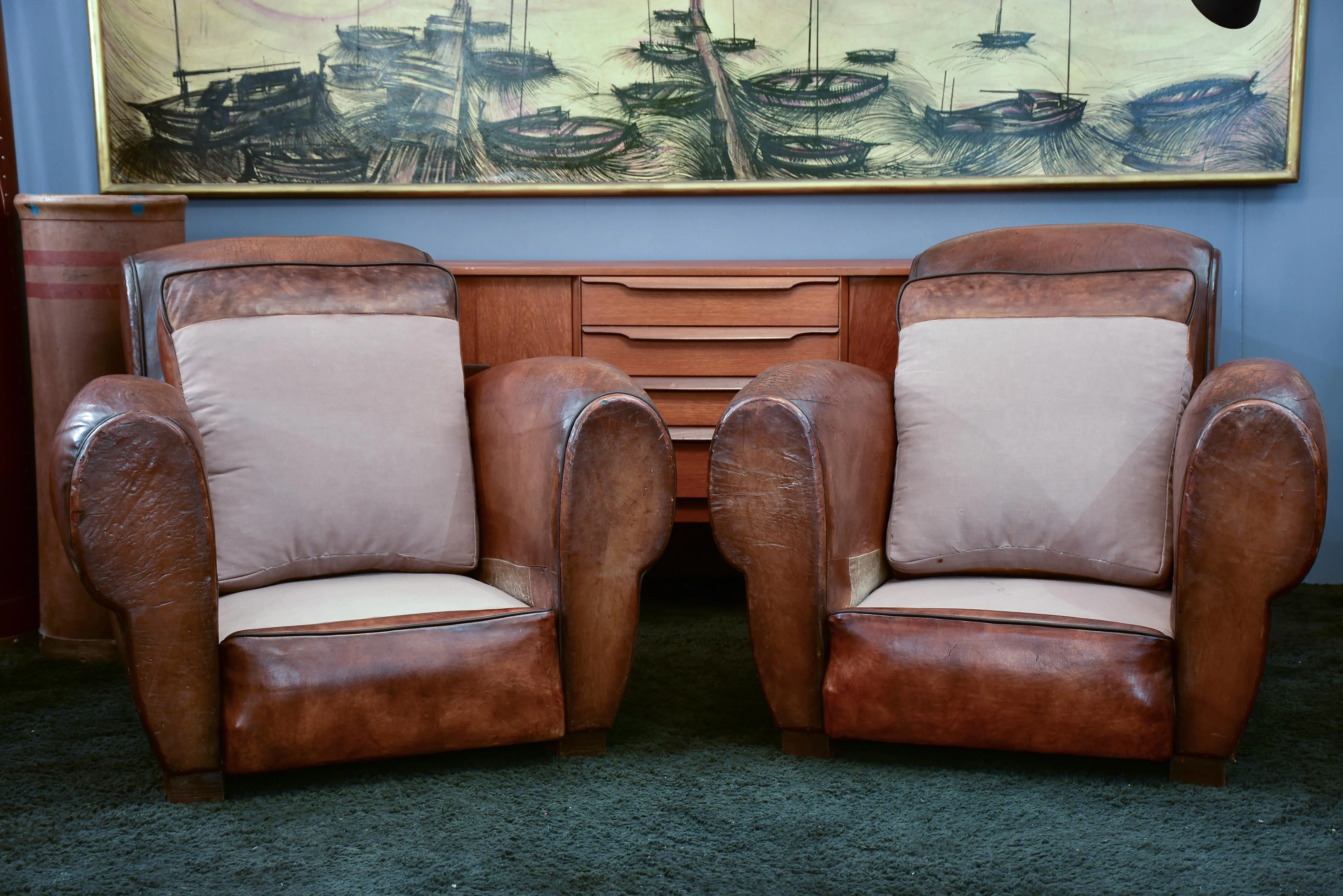 Three French leather club chairs