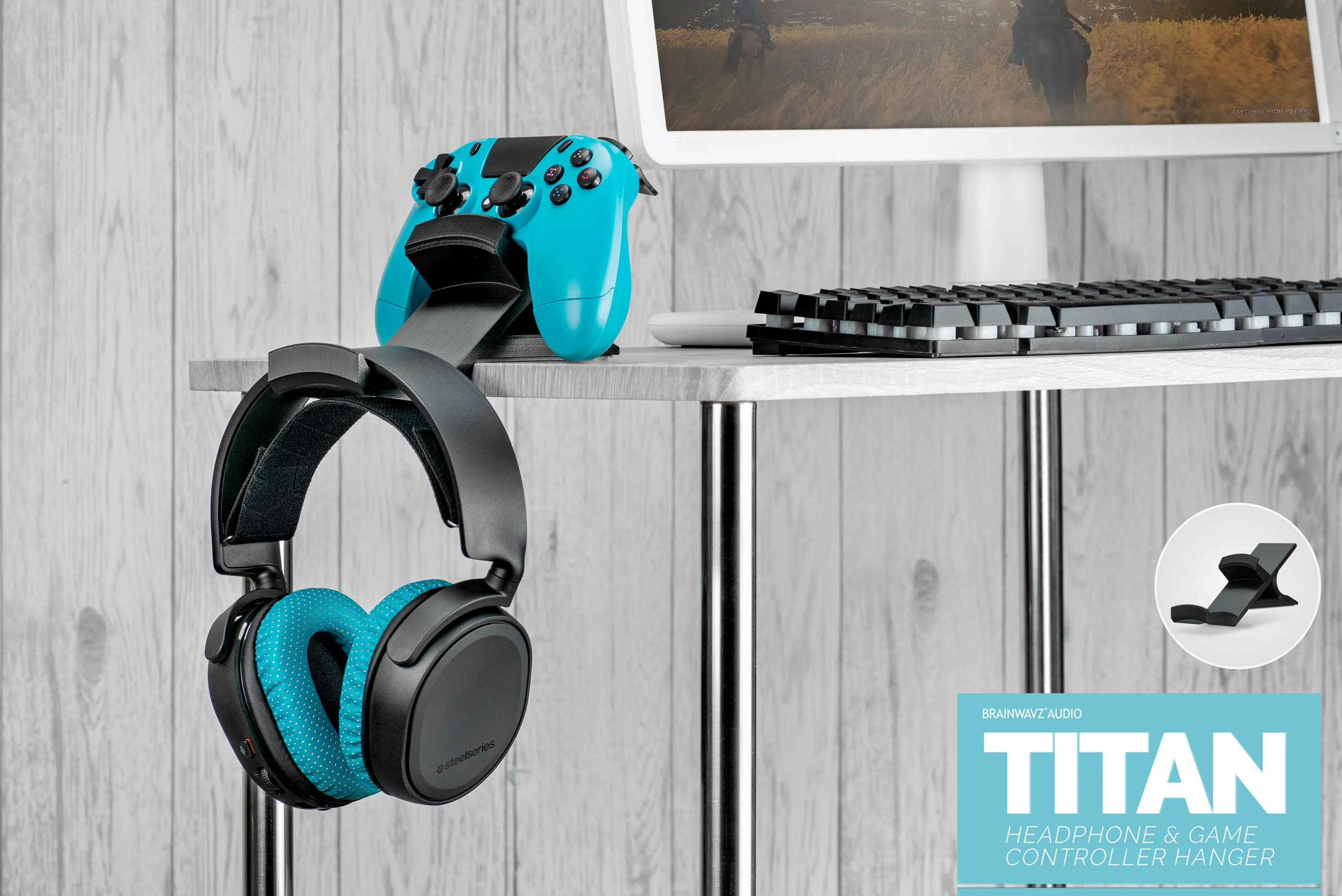 Titan - Desktop Headphone and Game Controller Hanger - Xbox, PS5/PS4, PC Universal Gamepad Holder, No Screws or Mess